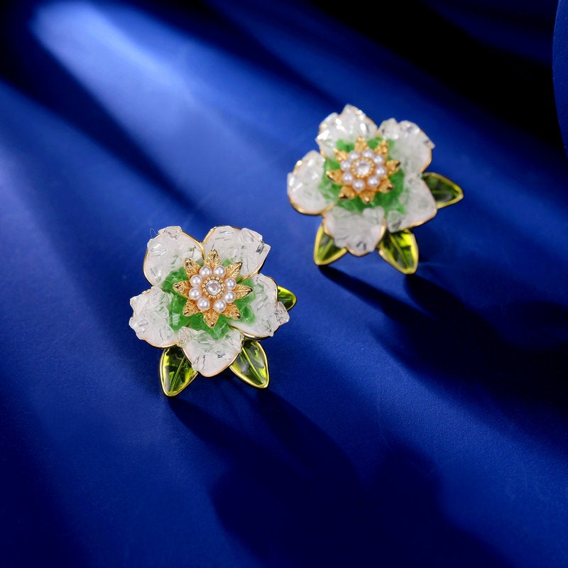 Floral Enamel Crystal Earring Stud